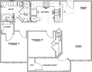 B1(a) Two Bedroom / One Bath 952 Sq. Ft.*