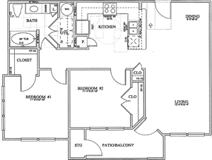 B1(b) Two Bedroom / One Bath 965 Sq. Ft.*