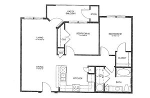 B1(a) - Two Bedroom / One Bath - 953 Sq. Ft.*