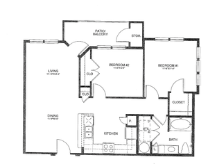 B1(b) - Two Bedroom / One Bath - 969 Sq. Ft.*